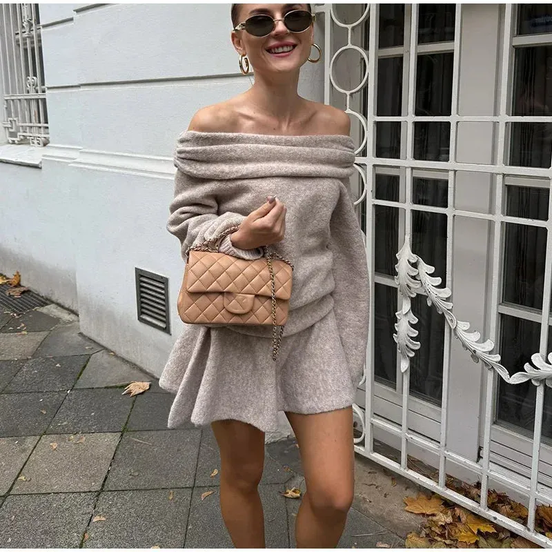 TAVIMART  -  Elegant Solid Color Cashmere Women's Mini Skirt Suits One Neck Off Shoulder Long Sleeved Sweater Sets Lady High Street Outfits