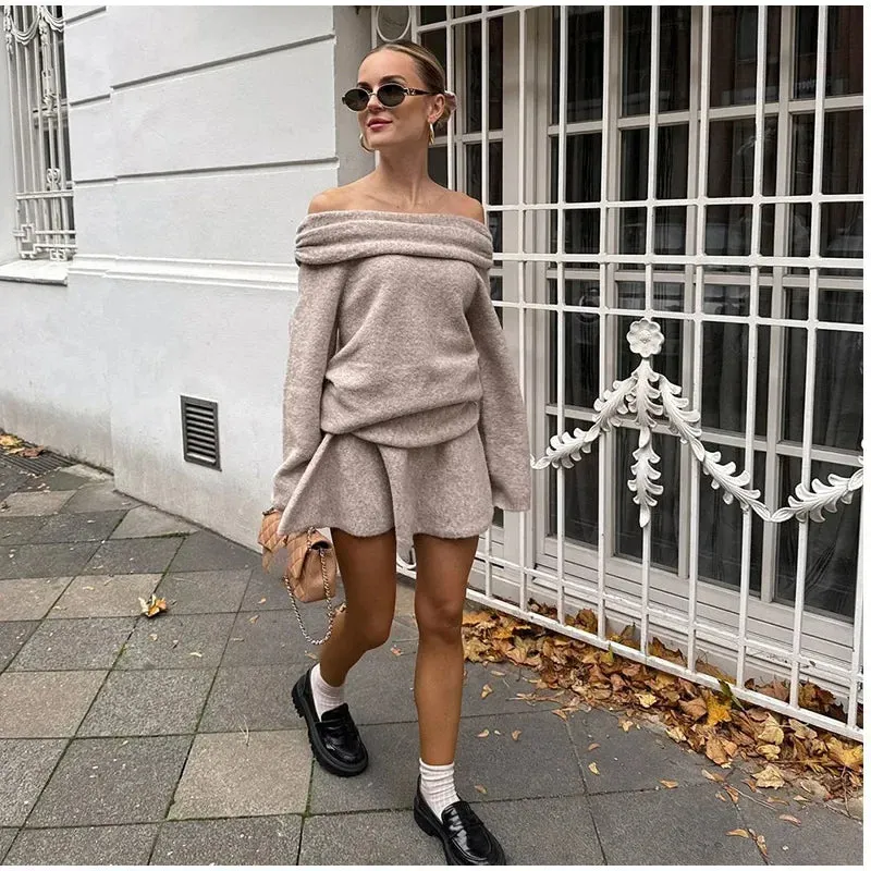 TAVIMART  -  Elegant Solid Color Cashmere Women's Mini Skirt Suits One Neck Off Shoulder Long Sleeved Sweater Sets Lady High Street Outfits