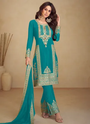 Turquoise Golden Embroidered Pakistani Pant Style Suit