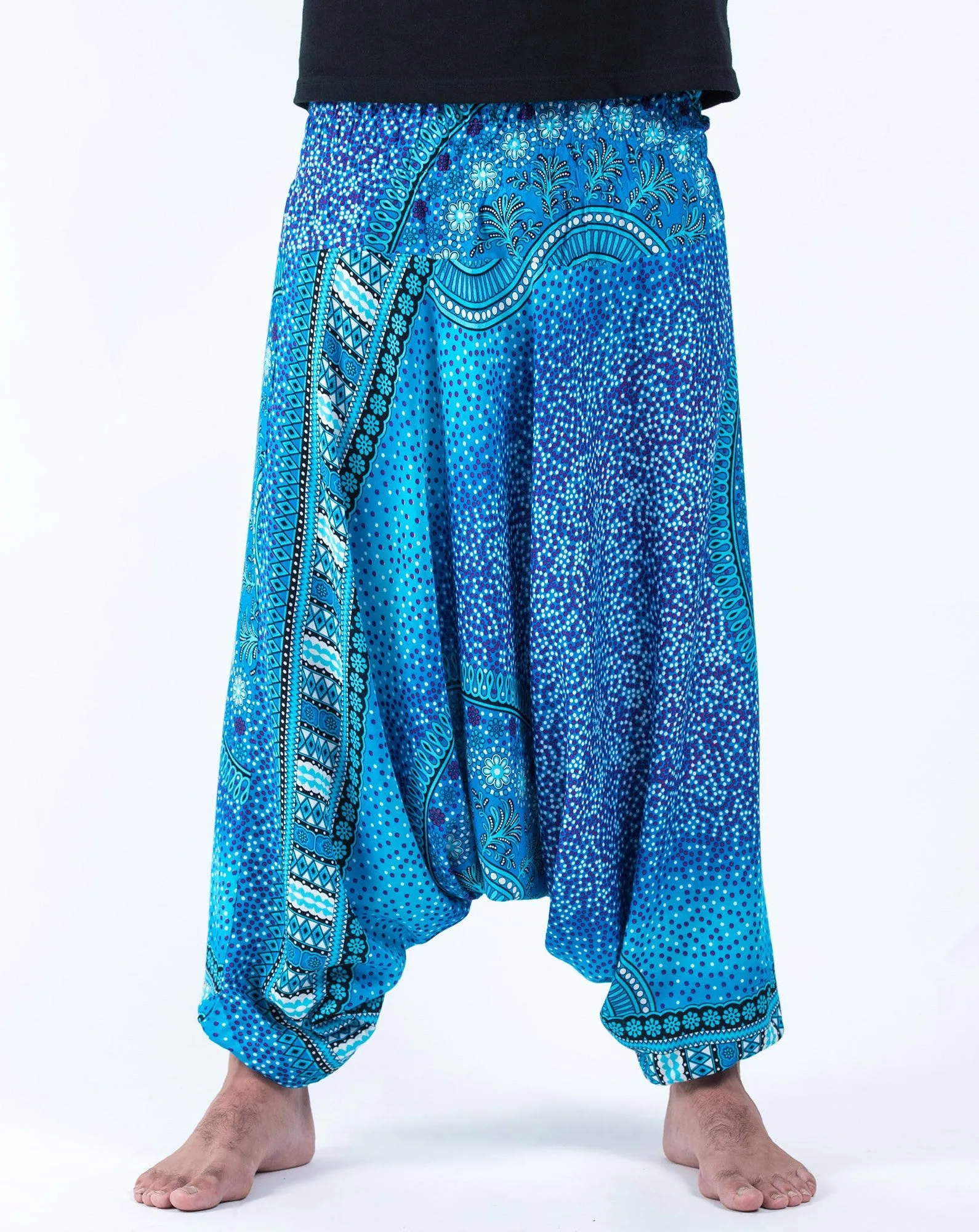 Unisex Tribal Chakras Drop Crotch Drop Crotch Jumpsuit Harem Pants in Blue