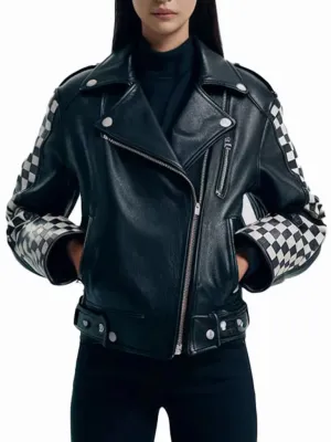 Women's Checkered Studded Leather Biker Jacket