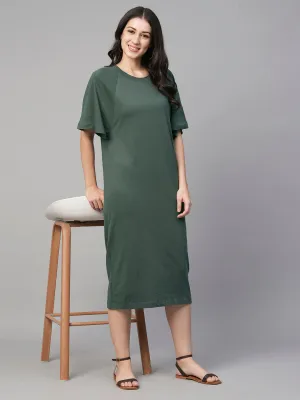 Women's Green Cotton Loose Fit Knit Dress